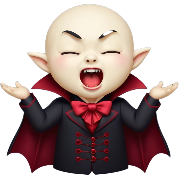 Cinematic Cute Yawning Vampire Portrait Emoji, with a small, rounded, charming pale face accented with tiny playful fangs and droopy, half-closed eyes, head tilted in an adorable wide yawn, dressed in miniature elegant dark attire with a hint of crimson, simplified yet irresistibly endearing, highly detailed with a soft, mysterious glow and gentle outline that captures the cute, drowsy side of an immortal! emoji