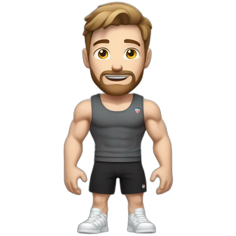 Close up Actively gesturing  with hands Pale skinned Fit Man With the biceps and brown hair in dark gray Sleeveless Mike, black oversize sports shorts, watch and white Sneakers emoji