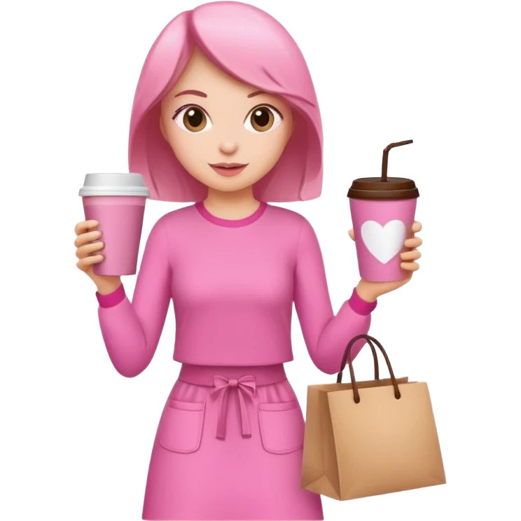 Girl with pink outfit and in hands shopping bags and coffee drink  emoji