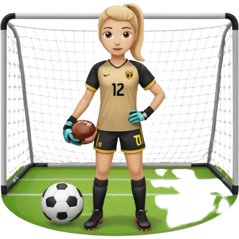 Make a dirty blonde football goalkeeper with goalkeeper gloves on holding a football. The girl is light skinned and wearing a football kit and football shoes. Standing in front of football goal. Wearing a ponytail with the dirty blonde hair emoji