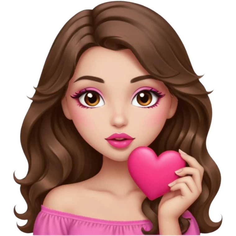 girl with long wavy brown hair, brown eyes, long lashes makeup, sexy pink lips, light to medium complexion, wearing a pink sexy top, sexy , puckering, blushing, kissing a heart sexy emoji