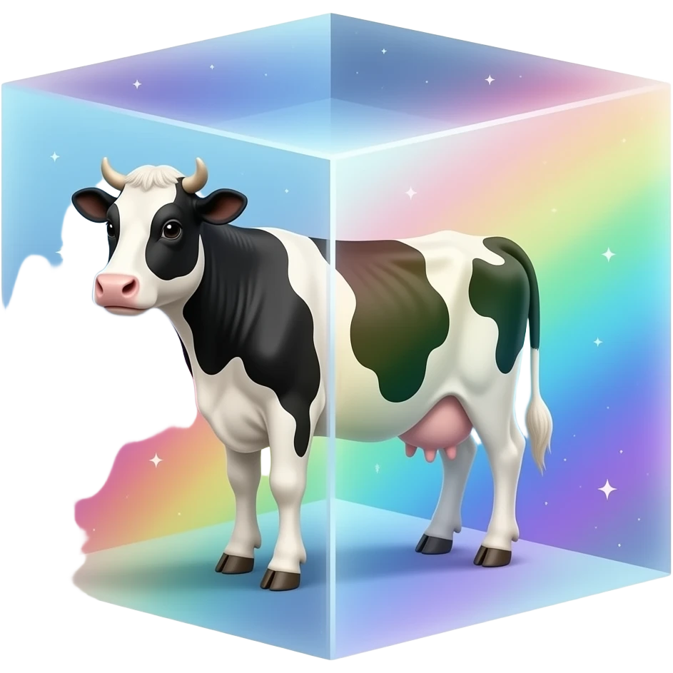 a black and white cow stands inside a glass prism floating in space and shining with rainbow colors - refraction of light emoji