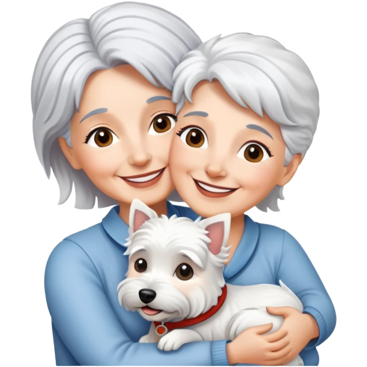 silver-haired 60-ish lady smiling and hugging westie emoji