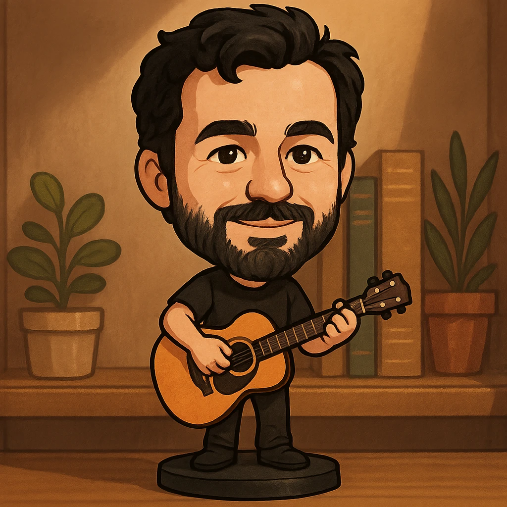 illustration of a musician playing guitar in bobblehead style emoji