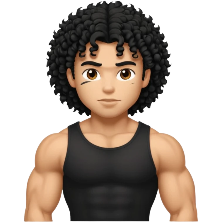 a pretty bratz guy with curly black hair with big muscles and shaggy hair in a tight black tee emoji