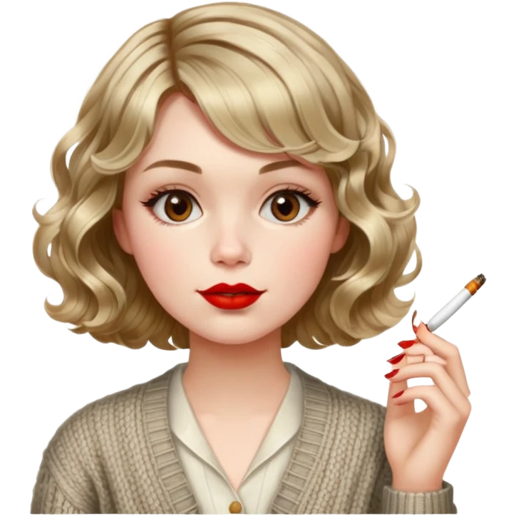 Alluring 1870's French girl french shiny wavy textured bob haircut tousled hair red lips smoking cigarette by wearing knitted cardigan emoji