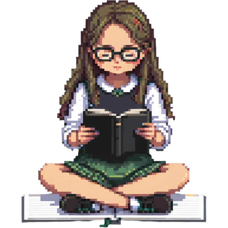 Girl with glasses reading her notebook while sitting emoji