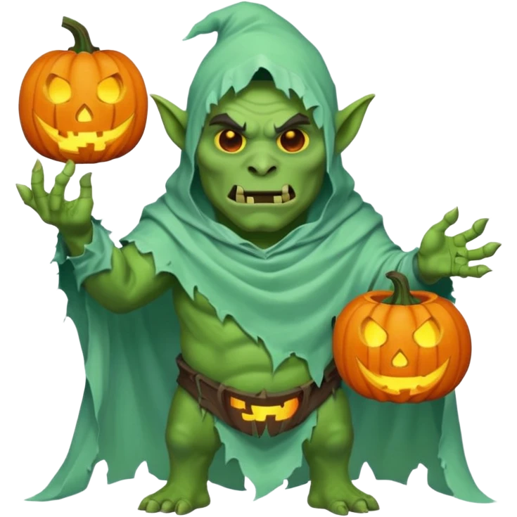 male orc ghost emoji, green skin, tusks, wearing torn white ghost sheet costume, holding glowing jack-o'-lantern, faint blue aura, friendly but spooky expression, Halloween fantasy theme, Apple emoji style, clean white background, square emoji