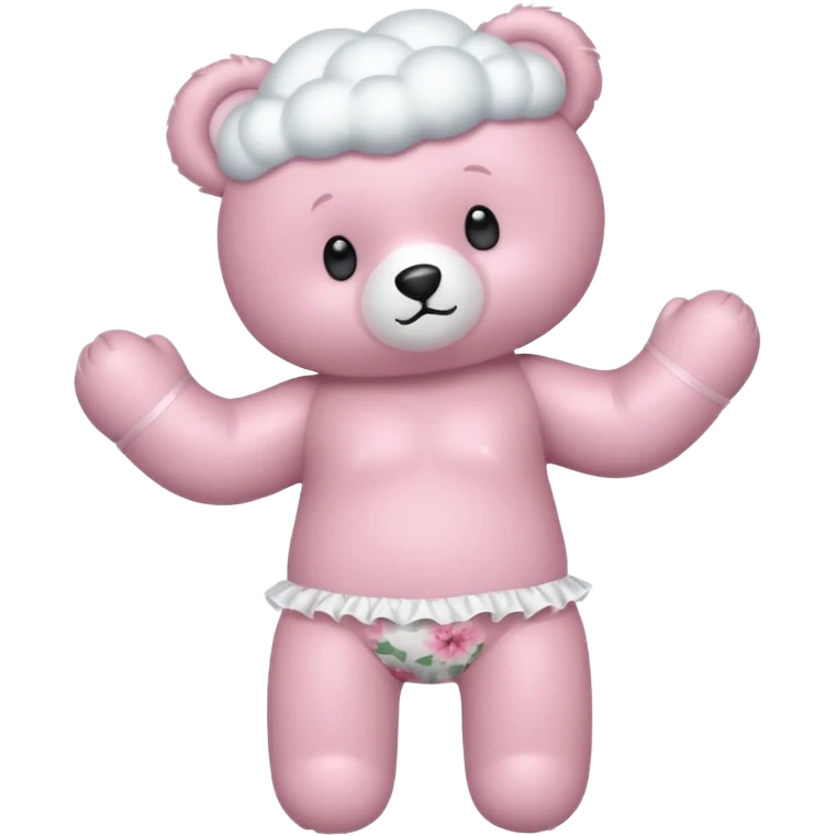 cute fluffy pink teddy bear standing upright in dynamic boxer pose, wearing floral-patterned neck pillows, right hand holding frilly white satin pillow shaped like a cloud, flat minimal rounded shapes, simple face, iPhone emoji style emoji