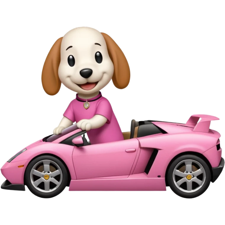 Snoopy in a Lamborghini, the Lamborghini is sideways and Snoopy isn't big, the Lamborghini is pink emoji