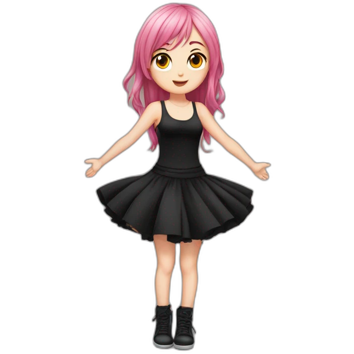 Full body Front view curvy emo girl pink hair sits on the floor straight view hands up black skirt полосатые рваные чулки emoji