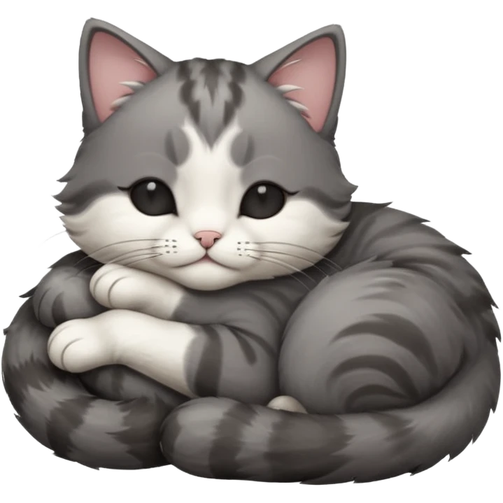 dark grey and white small cat with its eyes closed lying down leaning on its elbow with its paw curled under its head holding it up emoji