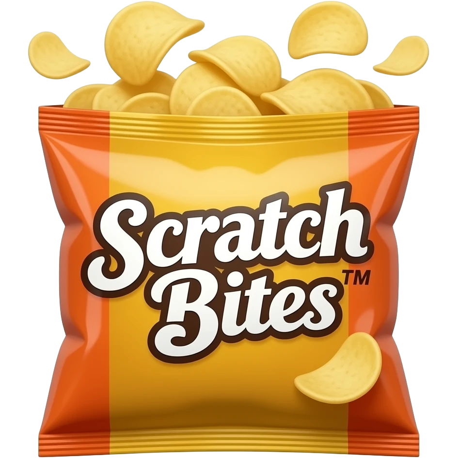 a colorful chip bag with a fun cartoon style, bold logo that says, “Scratch Bites™”, orange and yellow colors, shiny plastic texture, slightly crinkled, with chips bursting out of the top, 3D emoji style. Make it like the coding website, "Scratch" with the Scratch Cat. emoji