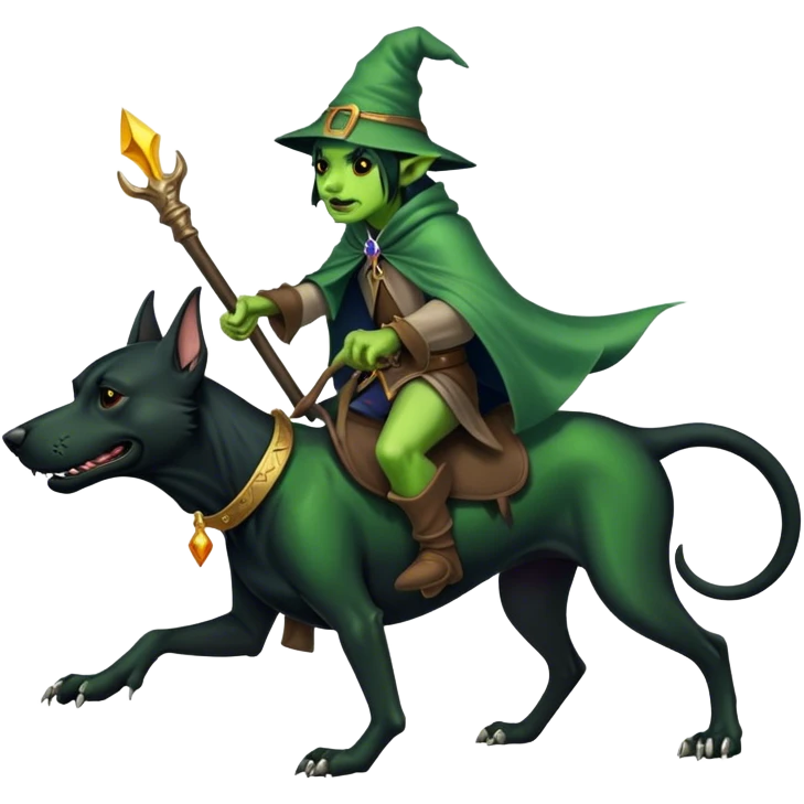 A goblin wizard riding a black hound dog  emoji