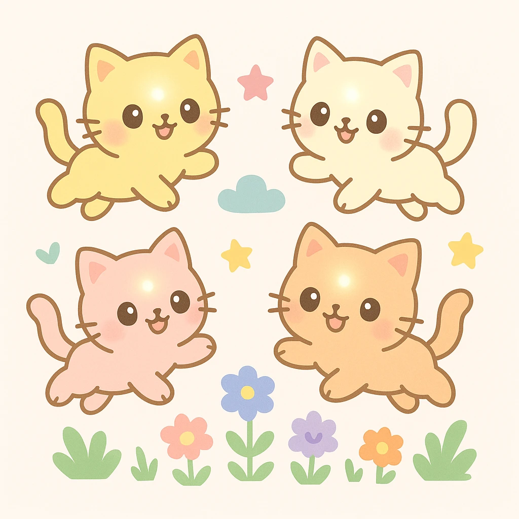 adorable small kittens, glowing and smiling, jumping in a colorful garden, cheerful and lively emoji
