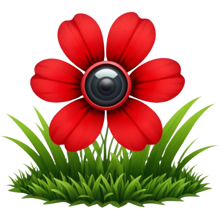 red flower in a grassy area with a bright sun in the sky, fish eye lens effect emoji