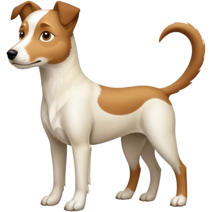 a full body large white parson russell looking dog the size of a kelpie with light brown flapped down ears and a light brown patch on one eye and a large snout emoji
