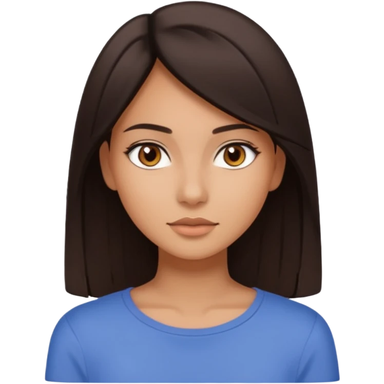 Koyu saçlı, genç bir kadın. Ten rengi buğday. Gözleri kahverengi. Saçları düz (veya kıvırcık) ve orta uzunlukta. Soft makyajlı, sade stil. emoji