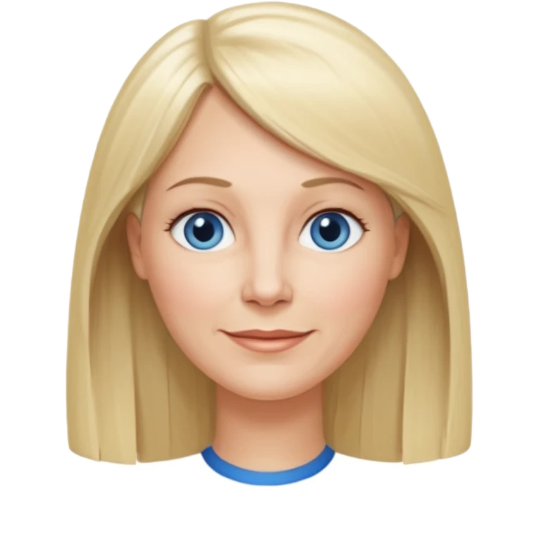 50 yr old white woman, hippe part bangs, very long straight blond hair, oval face, small smile, blue eyes, thin face, hair downback, hair parted at center of head, round cheeks, pale, longer hair emoji