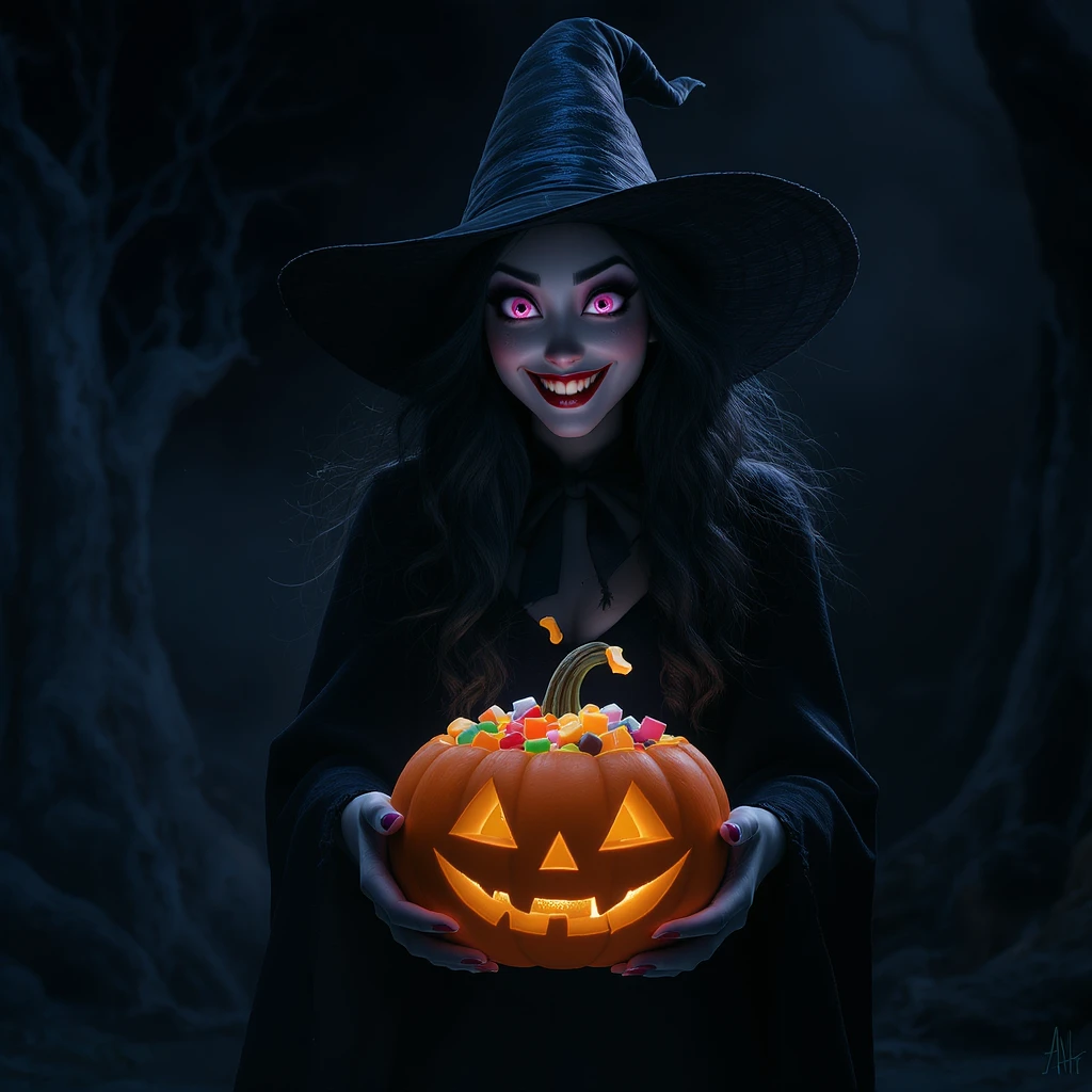 Cinematic still, Happy witch holding pumpkin bowl full of candies, triadal character placement, dark blue color background, back light, Film inspired by Hotel Transylvania, purple light emoji