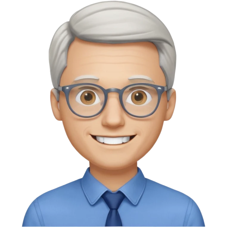30 yr old pale white man, white/grey side swept stylish hair, round glasses, big smile, white teeth, handsome, longer hair, thin glasses, blue dress shirt emoji