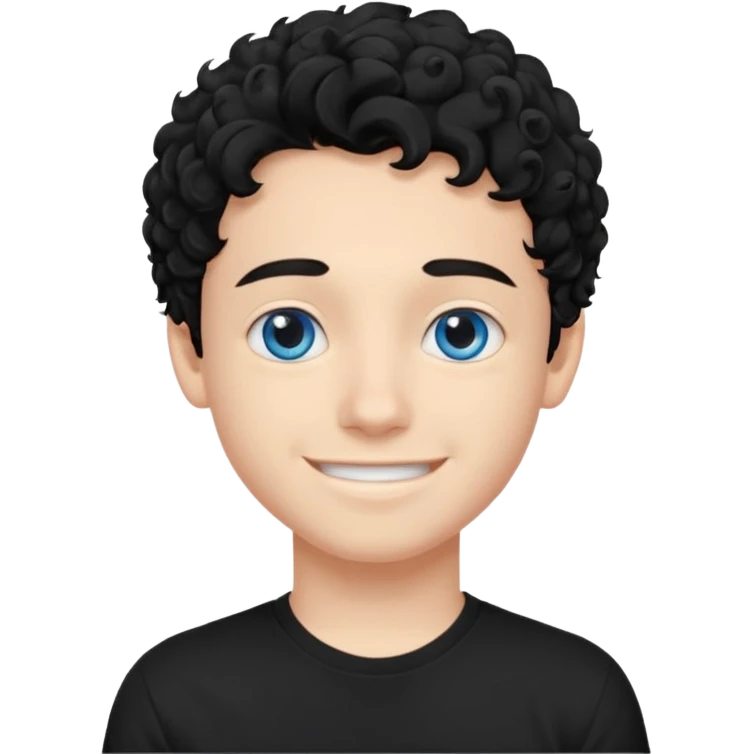 boy, young face like 20 years, blue eyes, medium curly hair black, easy smile, black t-shirt emoji