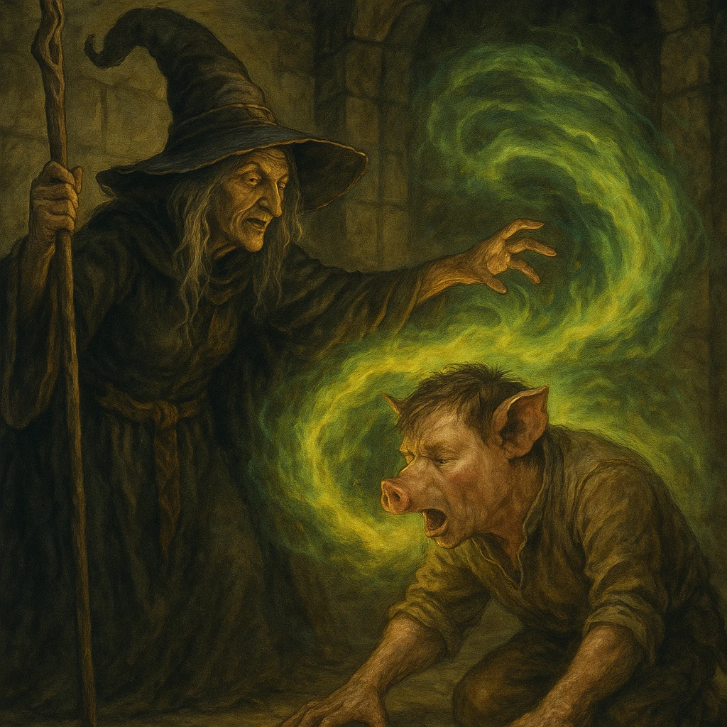 witch casting a spell with a human beginning to transform into a pig, detailed fantasy style emoji