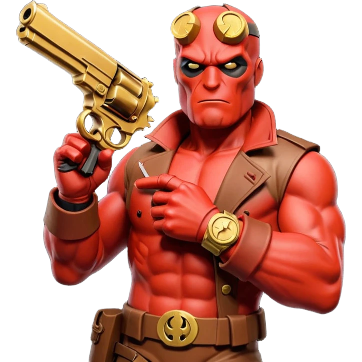 cinematic realistic superhero Hellboy by Mike Mignola jumps and shoots with a bronze pistol emoji