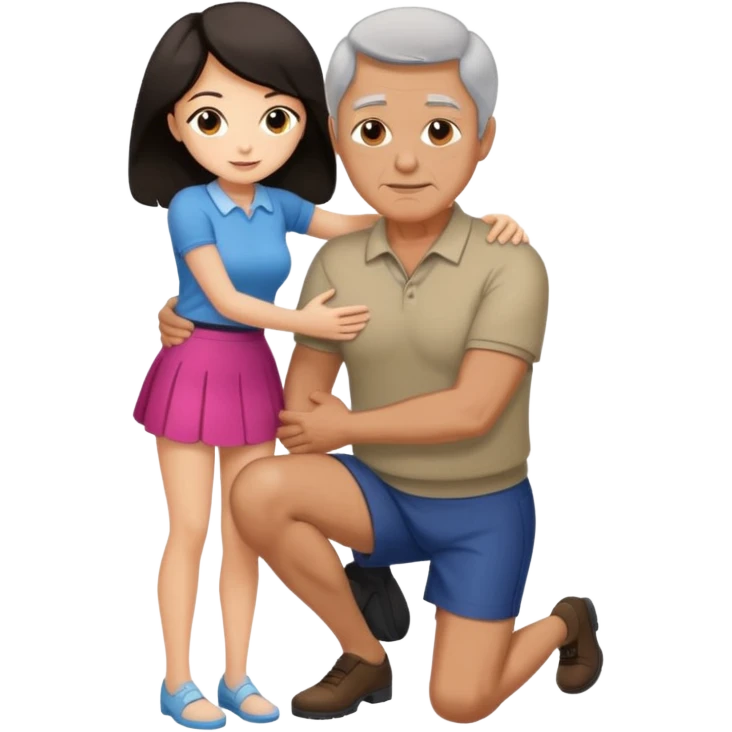 older man with dark hair on knees, facing dark haired woman in a micro mini skirt, hugging her waist emoji