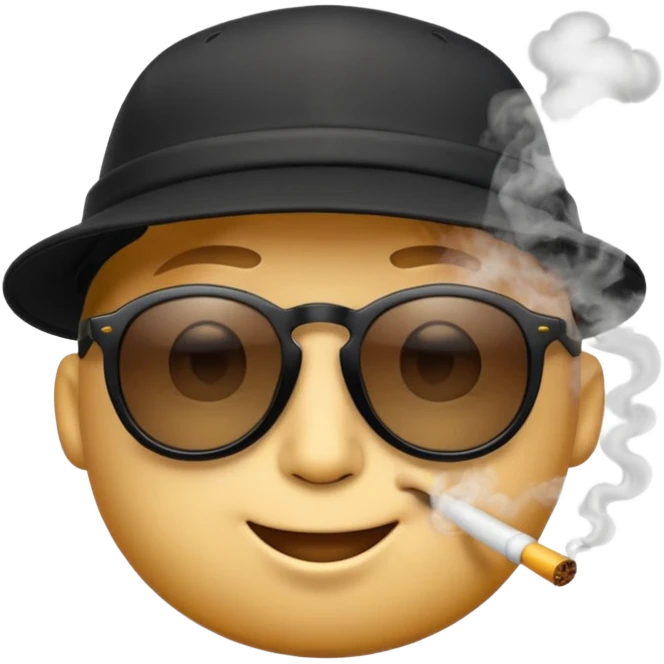 A high-res yellow face emoji with black sunglasses and a backwards black cap, smirking with half-lidded eyes and exhaling soft gray-white smoke, with detailed shading, glossy lenses, and realistic smoke wisps. emoji