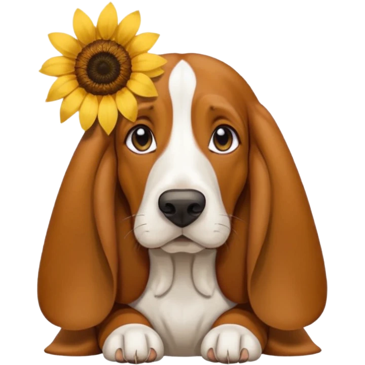 Basset hound with a sunflower tucked in her ear emoji