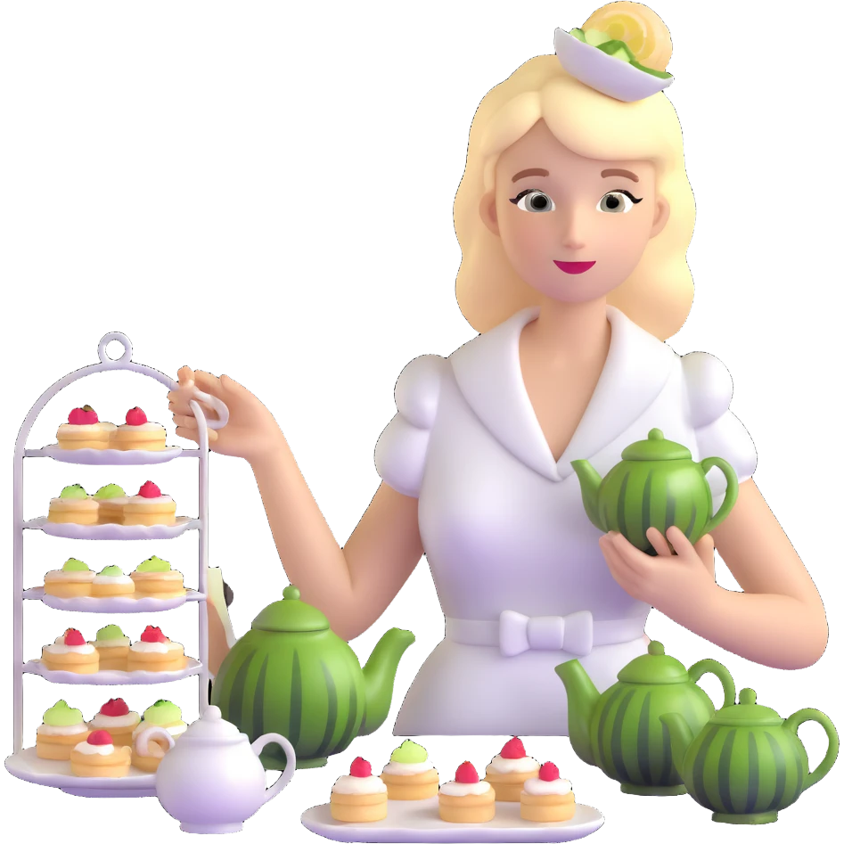 Sophisticated British young woman at afternoon tea party with teapot, cucumber sandwiches and petit fours emoji