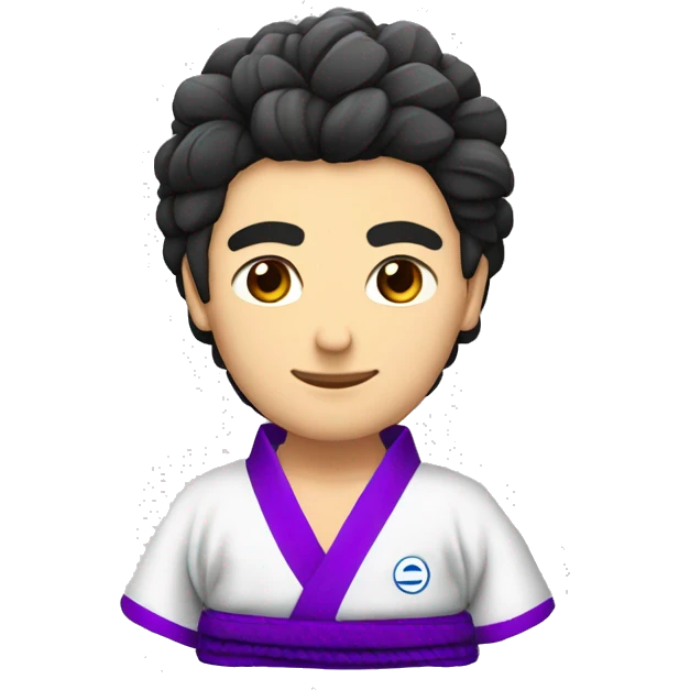 un baiat scurt frezar in kimono bjj cu ochi caprui de 25 ani cu centura albsstra emoji