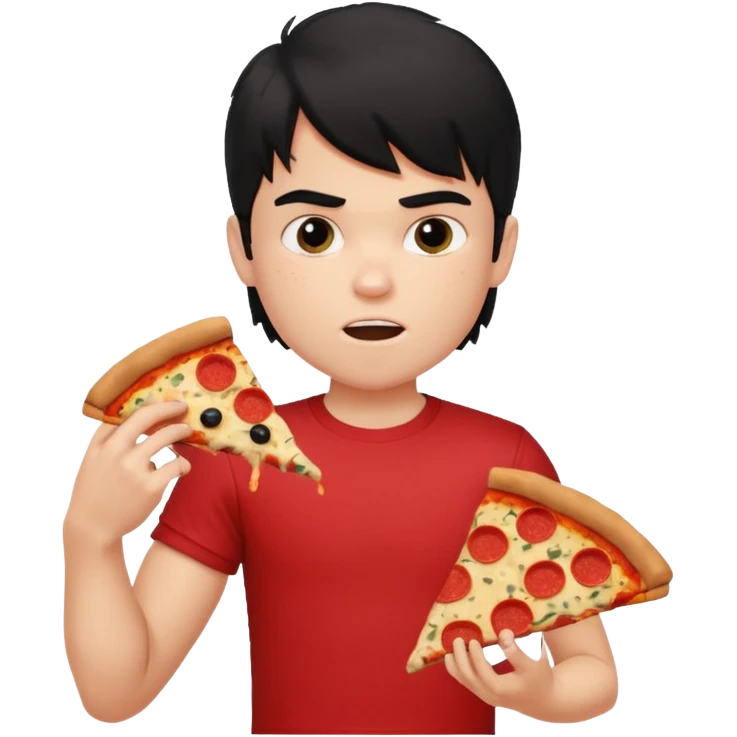 generate a pretty fair bratz boy with a messy mullet (black hair), wearing a red tshirt. eating pizza. He has big biceps emoji