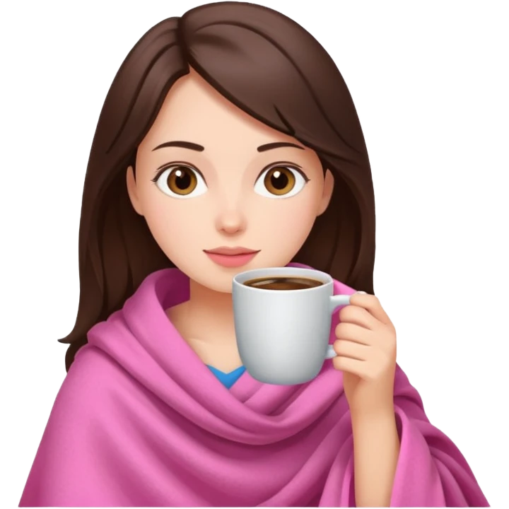 Brunette girl in pink blanket drinking coffee emoji