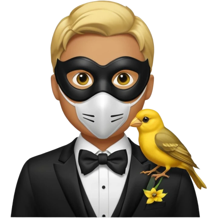 A man facing forward wearing a tuxedo with a mask depicting a yellow canary. emoji