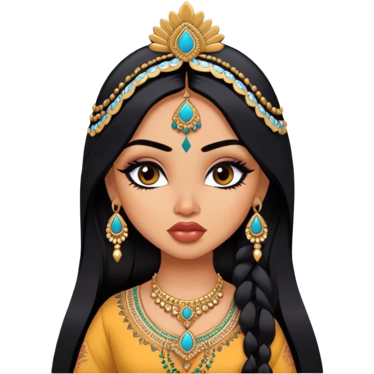 Indian nose, pretty lips, indian  clothes, medium skin,  long black hair, pretty bratz baddie, black eyeliner emoji