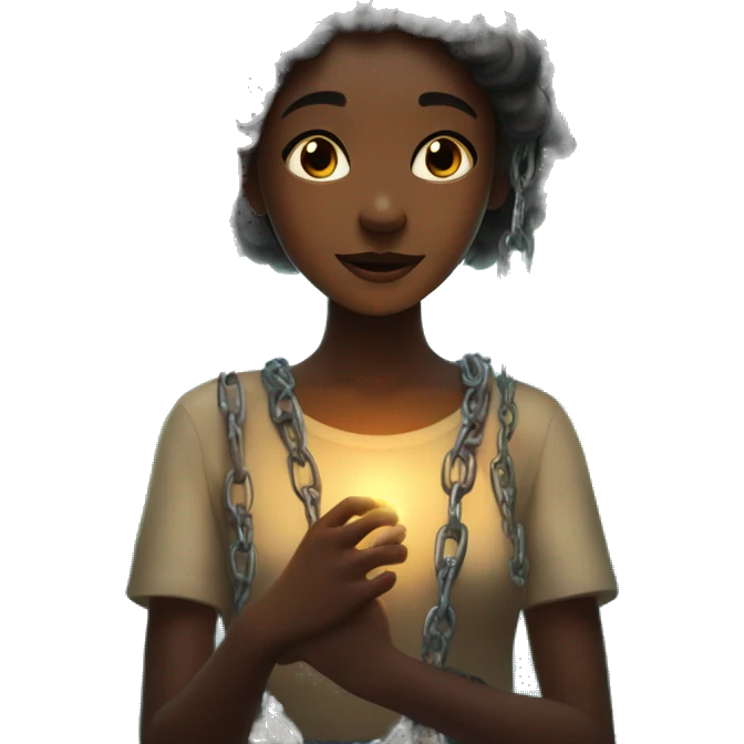 A girl letting go of chains and feeling relief, chains glowing and she is surriounded by forest and butterflies emoji
