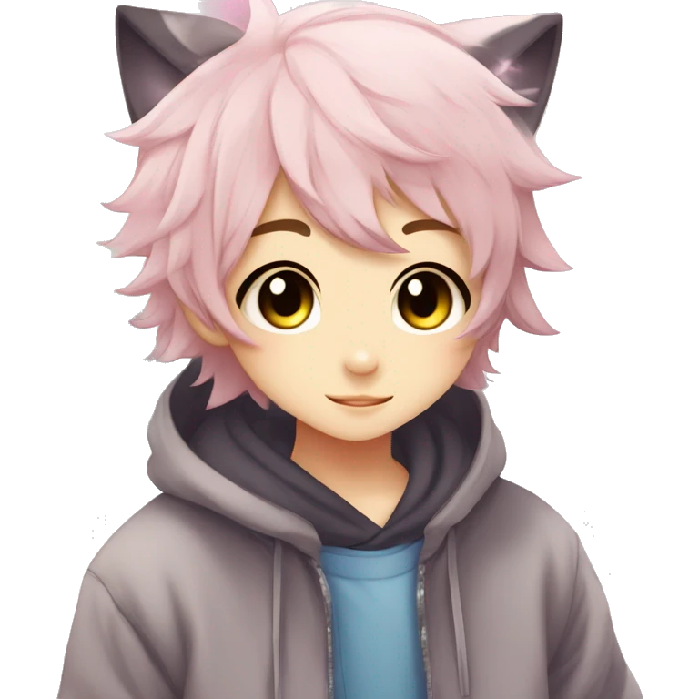 Cute Kawaii Beautiful Gorgeous Sparkly Shiny Blushing Anime Style Shojo Catboy With Pretty Hair And Hoodie Trendy Style Outside emoji
