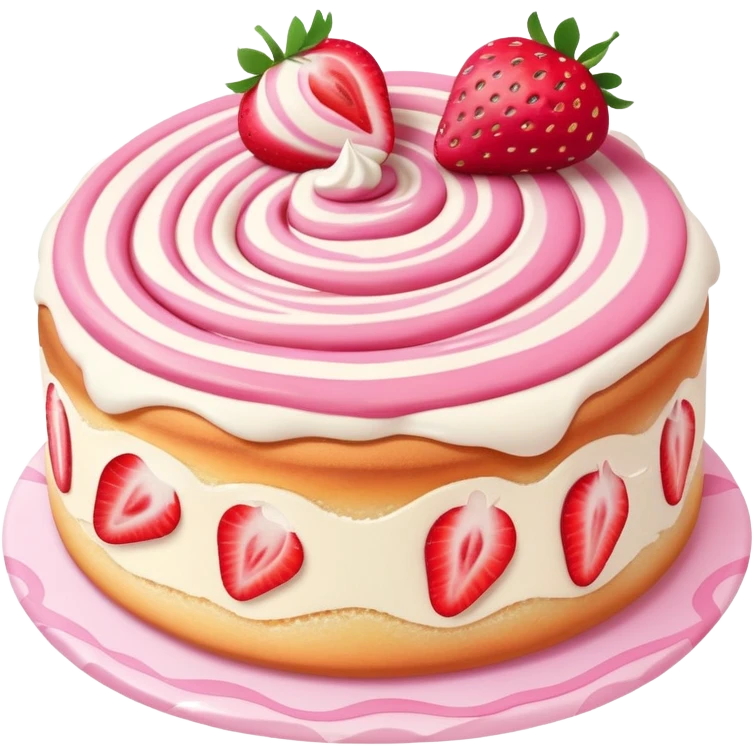 A fluffy strawberry cream roll cake with pink swirl and sliced strawberries on top，kawaii dessert style emoji