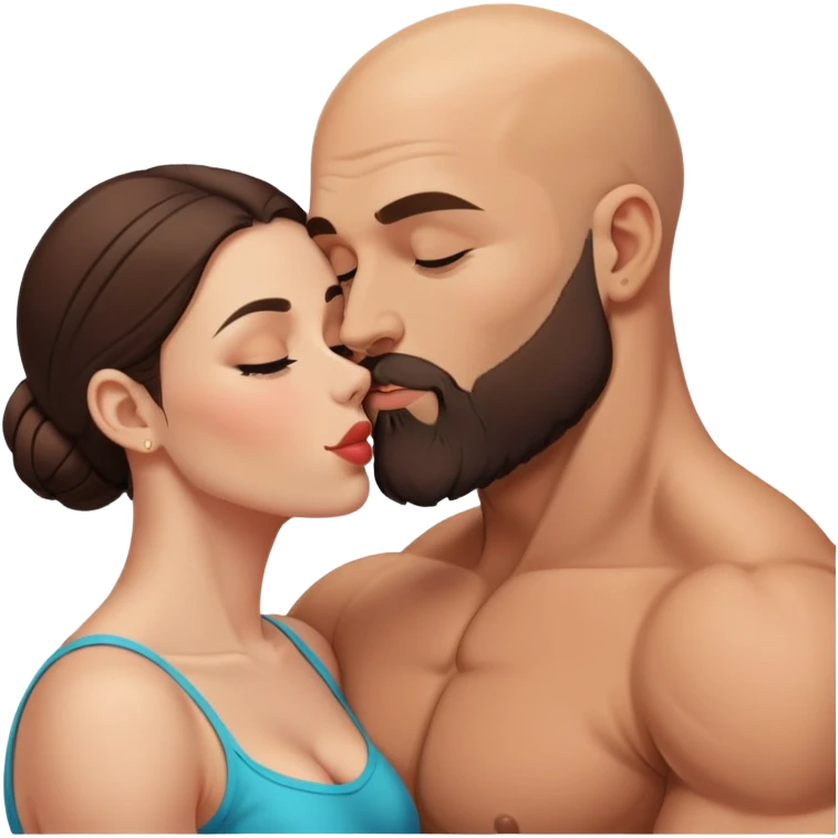Muscular Bald man with a beard passionately kissing his young brunette wife  emoji