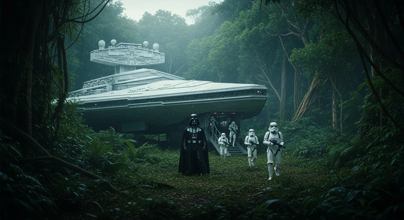 cinematic still, Medium shot, amazon jungle, Darth Vader around stormtroopers coming out from starship on ground, they are exploring the jungle, inspired by StarWars movie, captured by arri alexa emoji