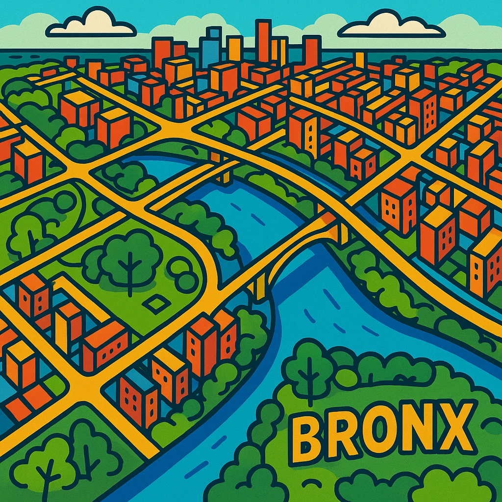 360-degree aerial view of the Bronx, with urban landscape, green spaces, and the Harlem River, vibrant illustrated style emoji