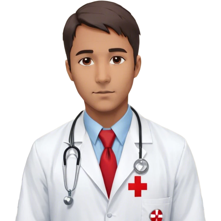 "A bust of a professional male doctor wearing a white lab coat with a red cross emblem on the chest. Underneath, he has a light blue dress shirt and a red tie. A stethoscope is draped around his neck, with silver earpieces and a dark rubber tube. His expression is calm and confident, with neatly styled short hair and a reassuring presence. Behind him, a faint medical chart with a heartbeat line (EKG waveform) subtly reinforces the medical theme. The background is plain white for clarity and simplicity emoji