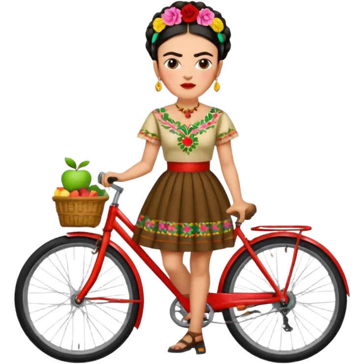 Frida Kahlo cycling, traditional Mexican dress, colorful, apple emoji style emoji