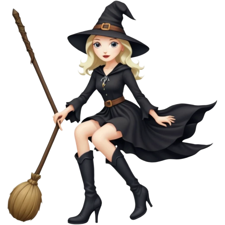 Tall thin witch on a broomstick wearing very high heeled boots emoji