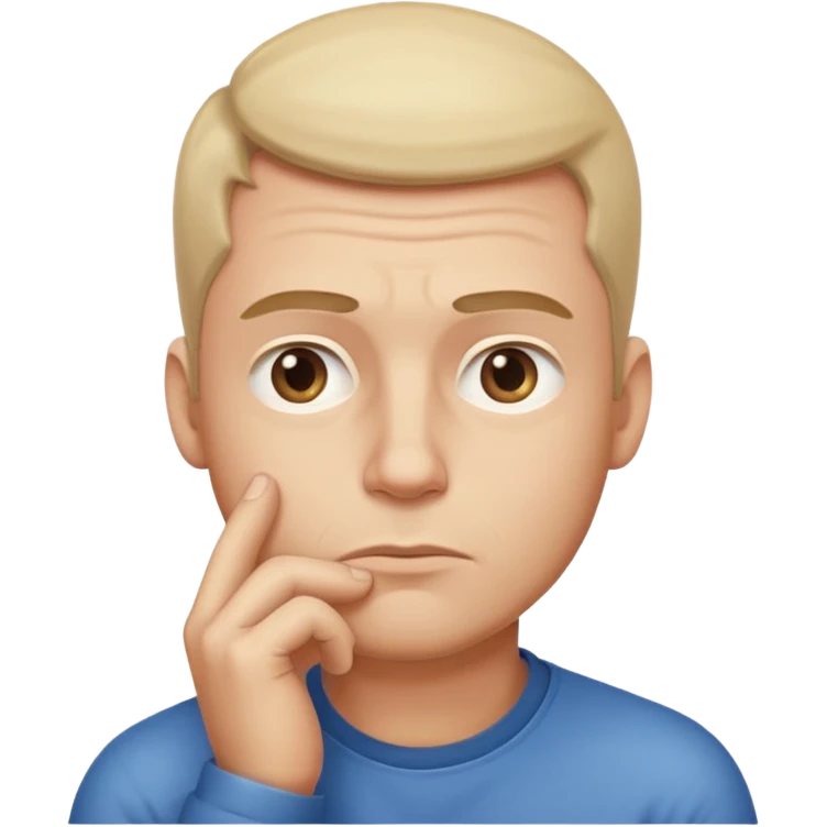Create an emoji-style illustration of a man thinking. Show him with a hand on his chin, raised eyebrow, and a thoughtful expression. Soft gradients, rounded shapes, clean minimal emoji look emoji