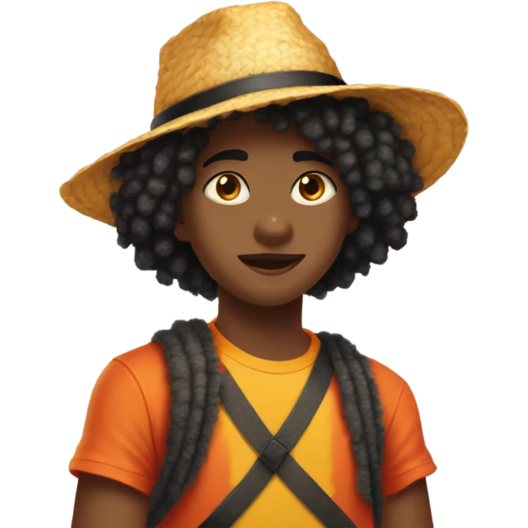 Teenager with black fluffy hair with a small black scar under right eye wearing a orange yellow straw hat that is wrapped with ribbon, wearing a red tank top emoji