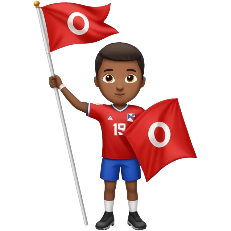 A black boy holding a big team flag, waving it proudly with a determined expression full body emoji