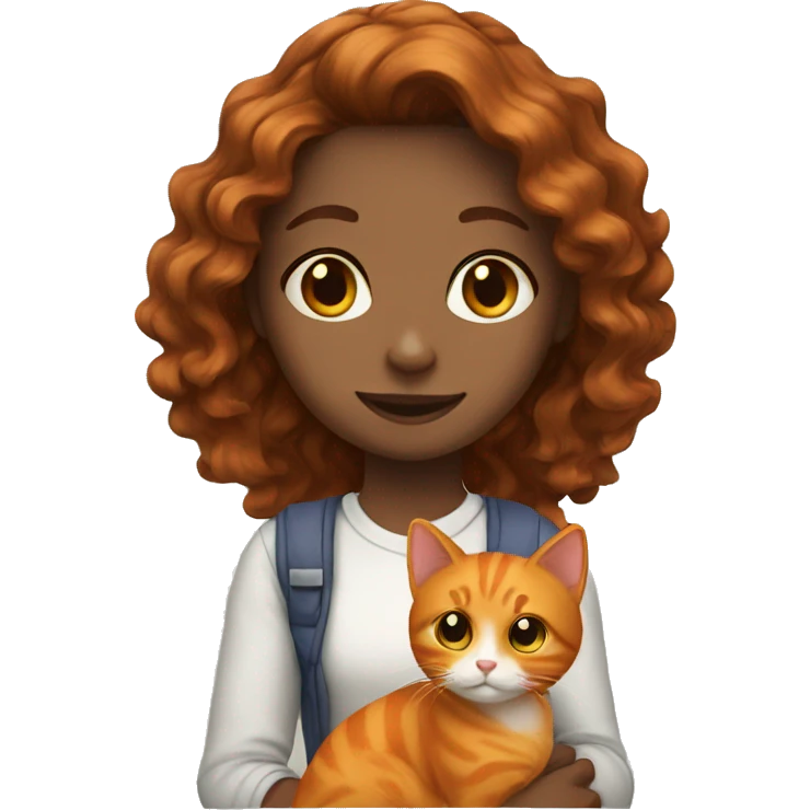 Brown wavy haired girl with an orange cat emoji